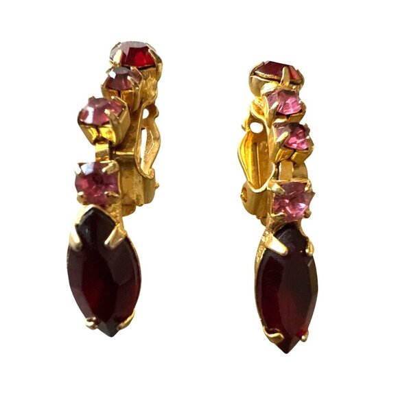 Vintage Gold-Tone Clip-On Earrings With Red & Pink Rhinestones - Picture 4 of 9